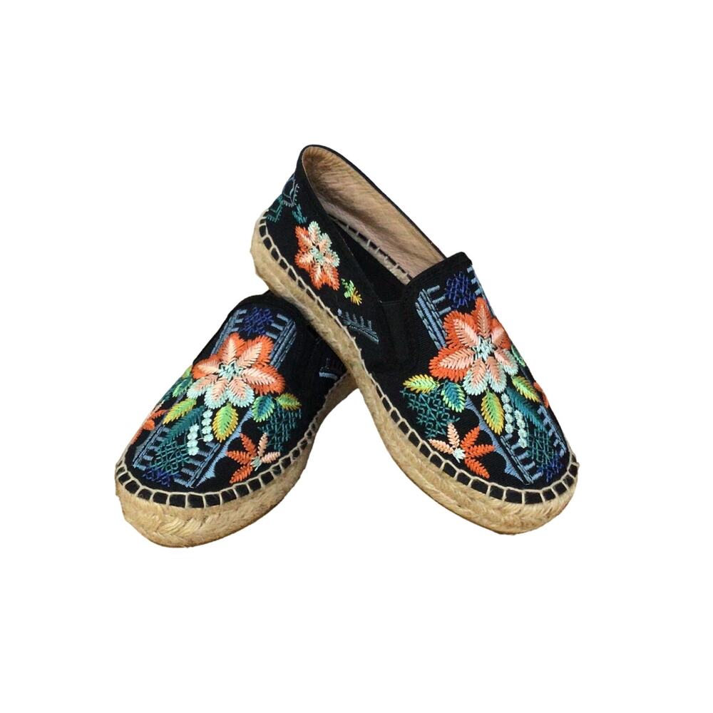 Johnny Was Black Espadrilles with Orange & Green Floral Embroidery